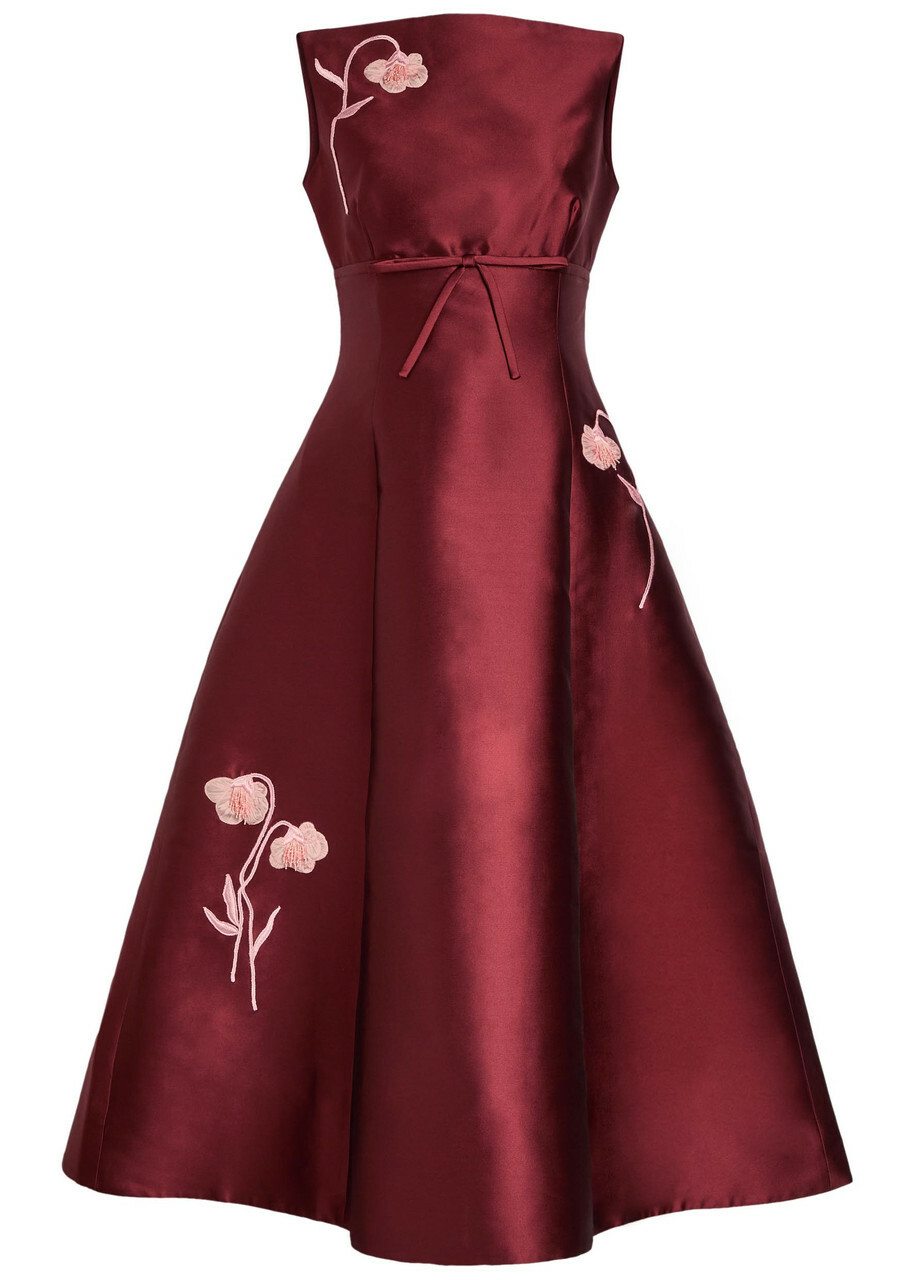 Erdem Floral-embroidered Mikado Satin Midi Dress Bordeaux
