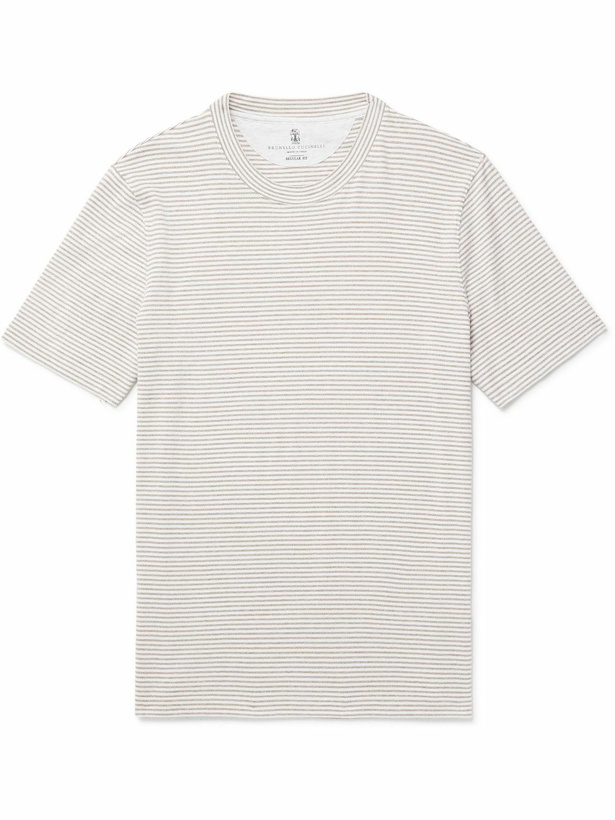 Photo: Brunello Cucinelli - Striped Cotton and Linen-Blend Jersey T-Shirt - Neutrals