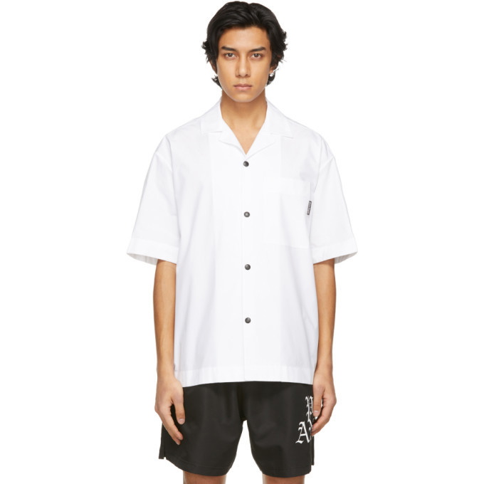 Photo: Palm Angels White Curved Logo Bowling Short Sleeve Shirt