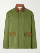 Kartik Research - Jodhpur Embroidered Suede-Trimmed Cotton Jacket - Green