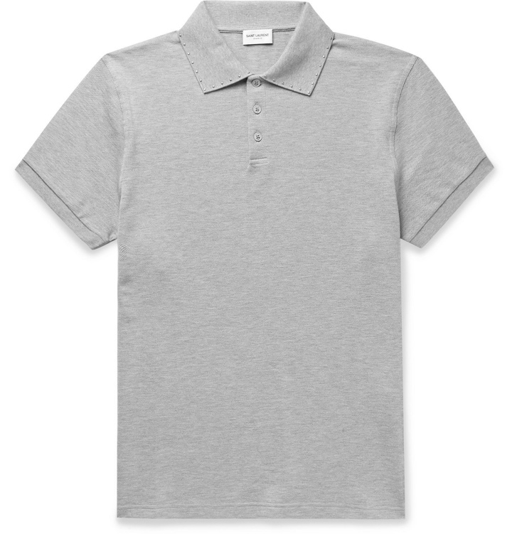Photo: SAINT LAURENT - Studded Mélange Cotton-Piqué Polo Shirt - Gray