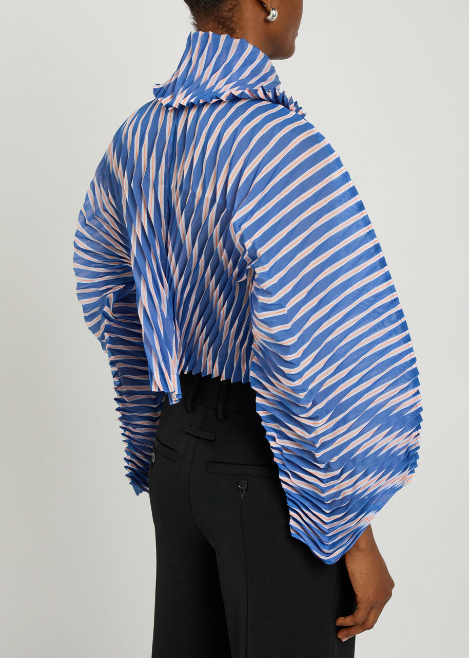 Issey Miyake Striped Pleated Woven Jacket Blue