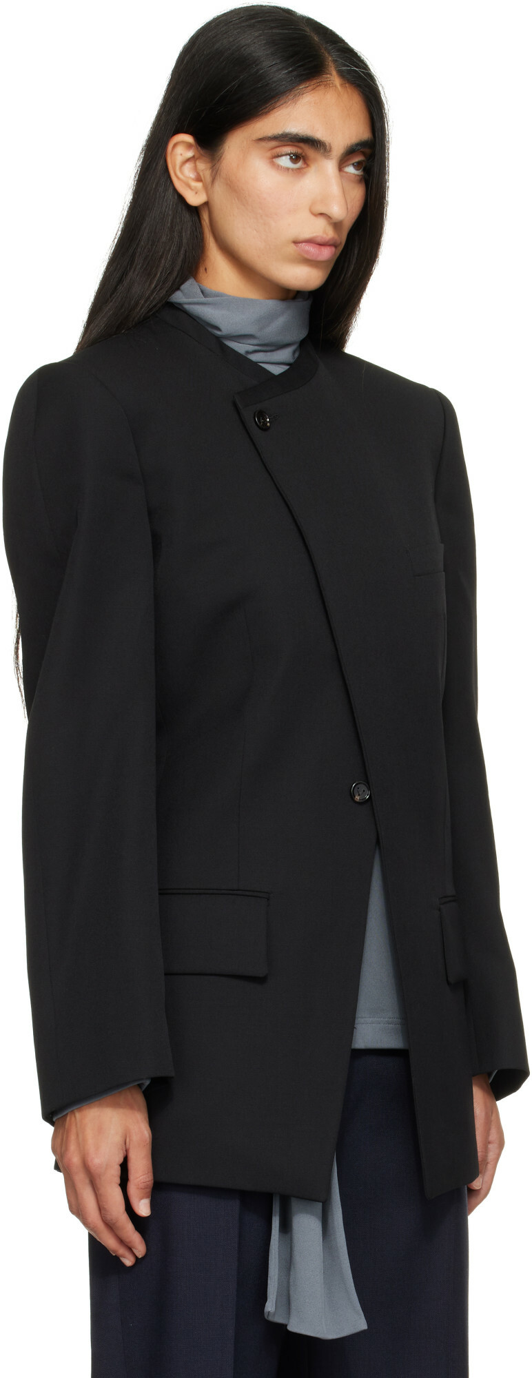 Bottega Veneta Black Wool Grain De Poudre Collarless Blazer