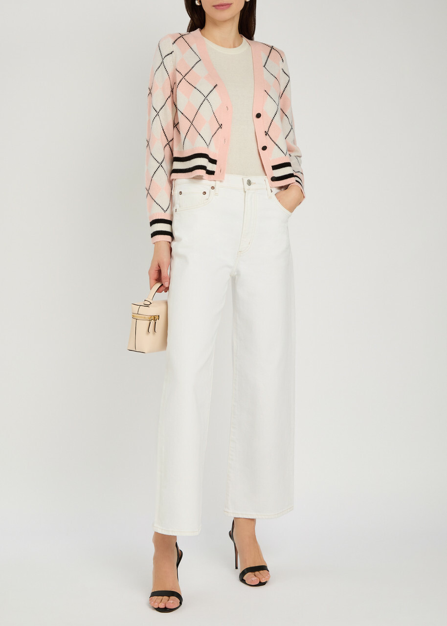 Alice + Olivia Grace Argyl Cropped Cashmere-blend Cardigan Pink