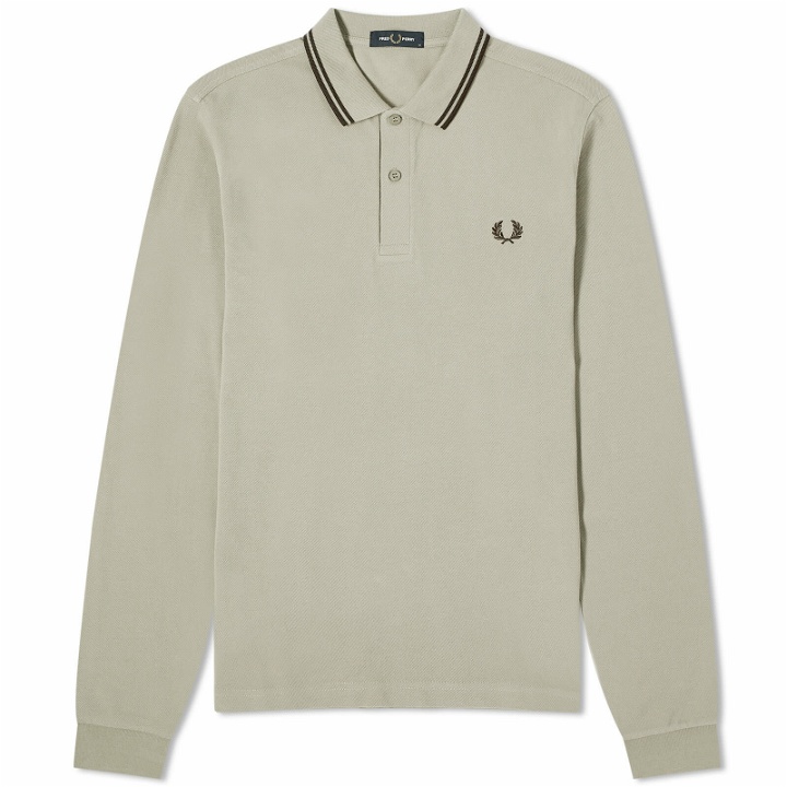 Photo: Fred Perry Men's Long Sleeve Twin Tipped Polo Shirt in Warm Grey/Brick