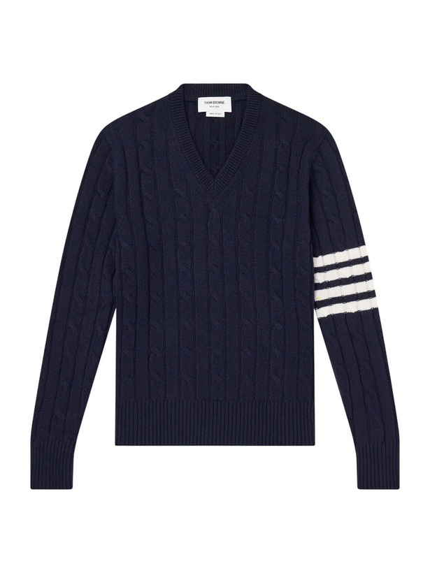 Photo: Thom Browne - 4-Bar Stripe Cable-Knit Cashmere Sweater - Blue