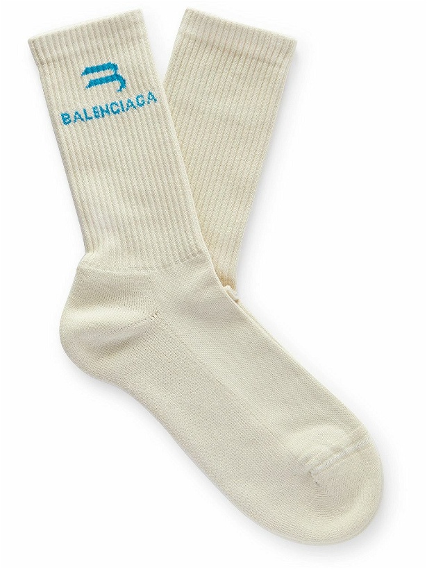 Photo: Balenciaga - Logo-Jacquard Ribbed Cotton-Blend Socks - Neutrals