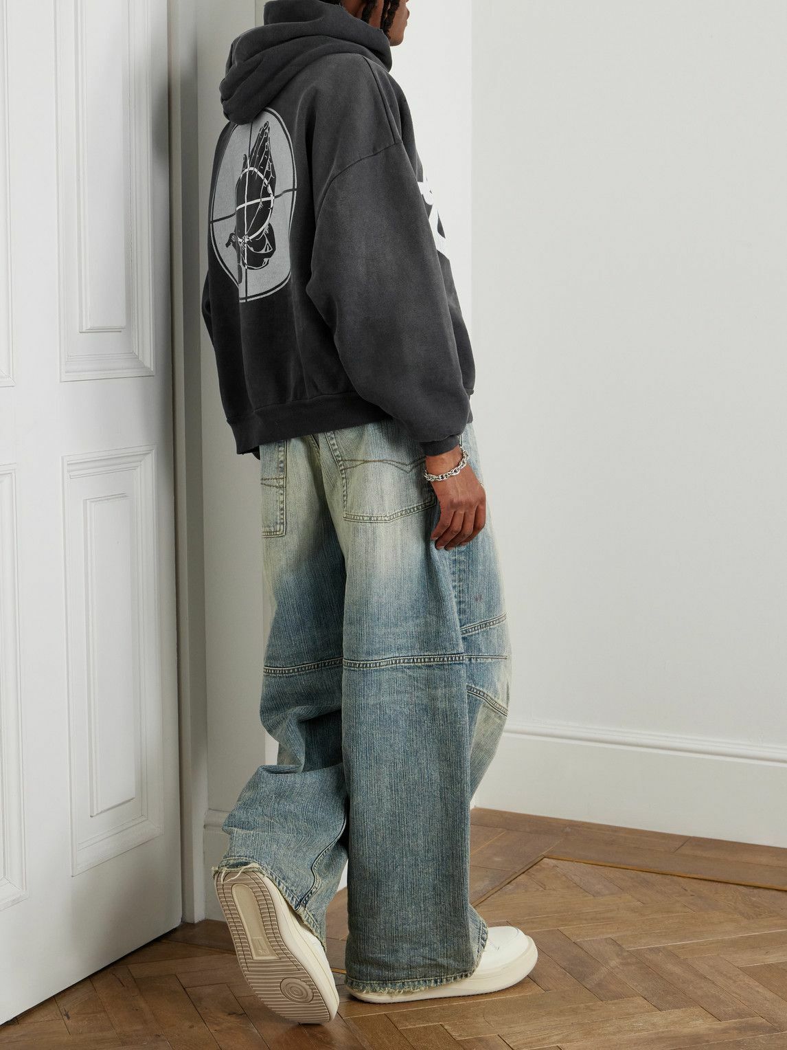SAINT MXXXXXX - Fear of God Distressed Logo-Print Cotton-Jersey Hoodie
