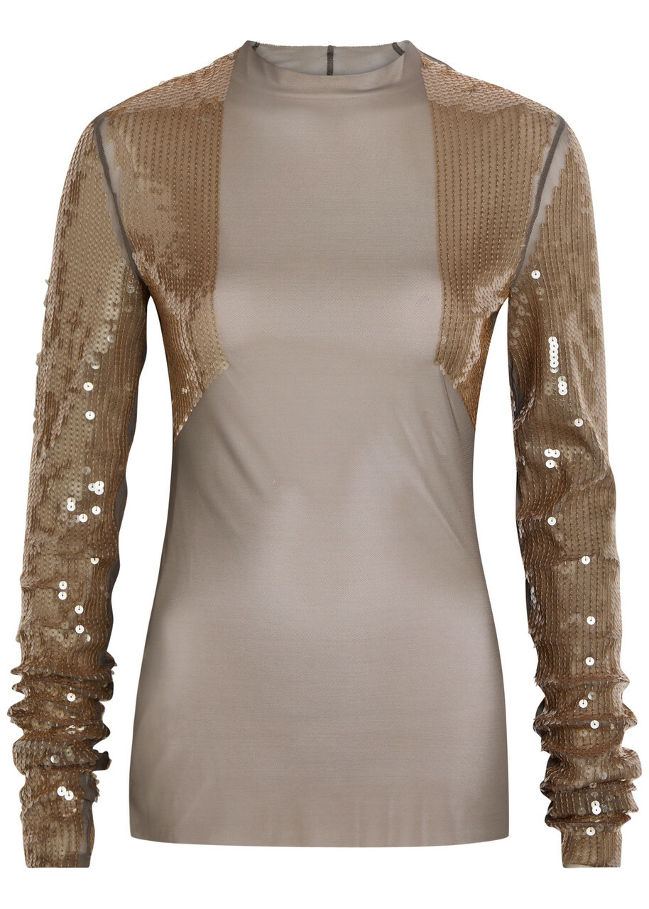 Rick Owens Dennis Sequin-embellished Stretch-mesh top Light Brown
