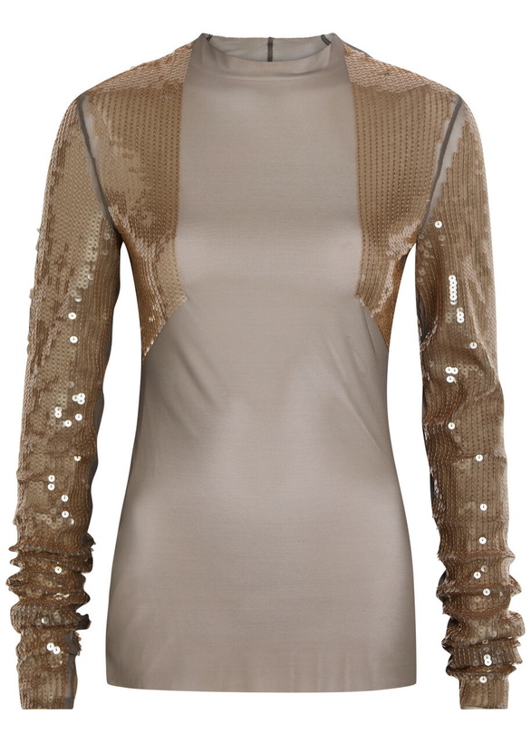 Photo: Rick Owens Dennis Sequin-embellished Stretch-mesh top Light Brown