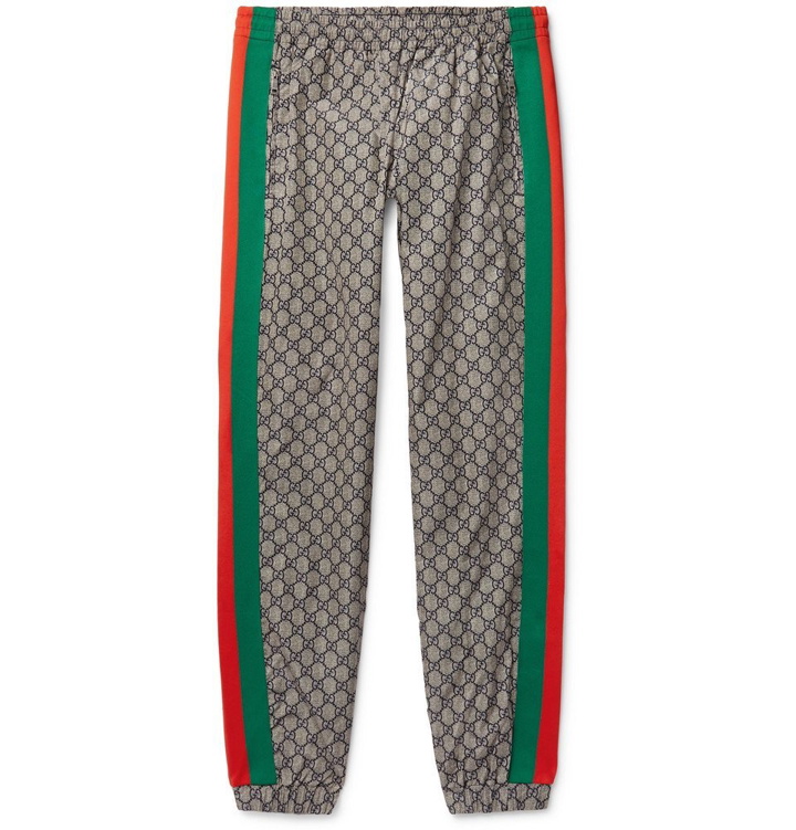 Photo: Gucci - Webbing-Trimmed Logo-Print Shell Drawstring Trousers - Gray