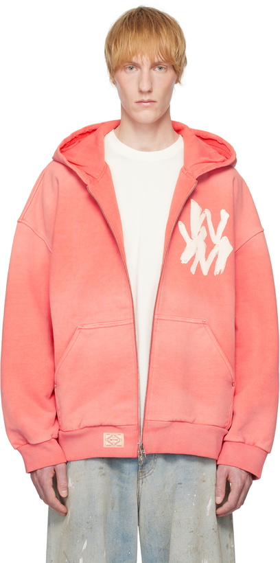 Photo: WOOYOUNGMI Pink Painted Logo Dyed Zip-Up Hoodie