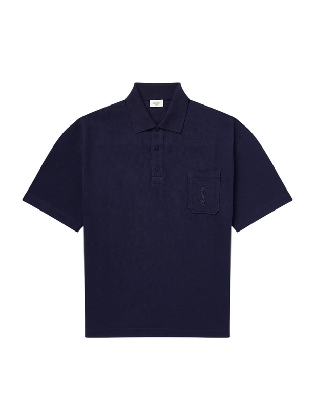 Photo: SAINT LAURENT - Cassandre-Embroidered Cotton-Piqué Polo Shirt - Blue