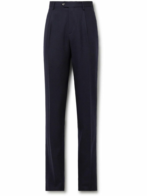 Photo: Etro - Slim-Fit Pleated Wool-Blend Flannel Trousers - Blue