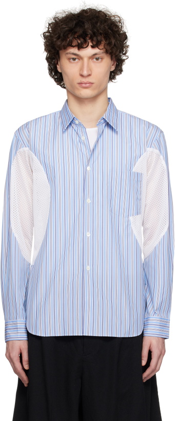 Photo: Comme des Garçons Homme Deux Blue Cotton Broad Stripe x Polyester Mesh Shirt