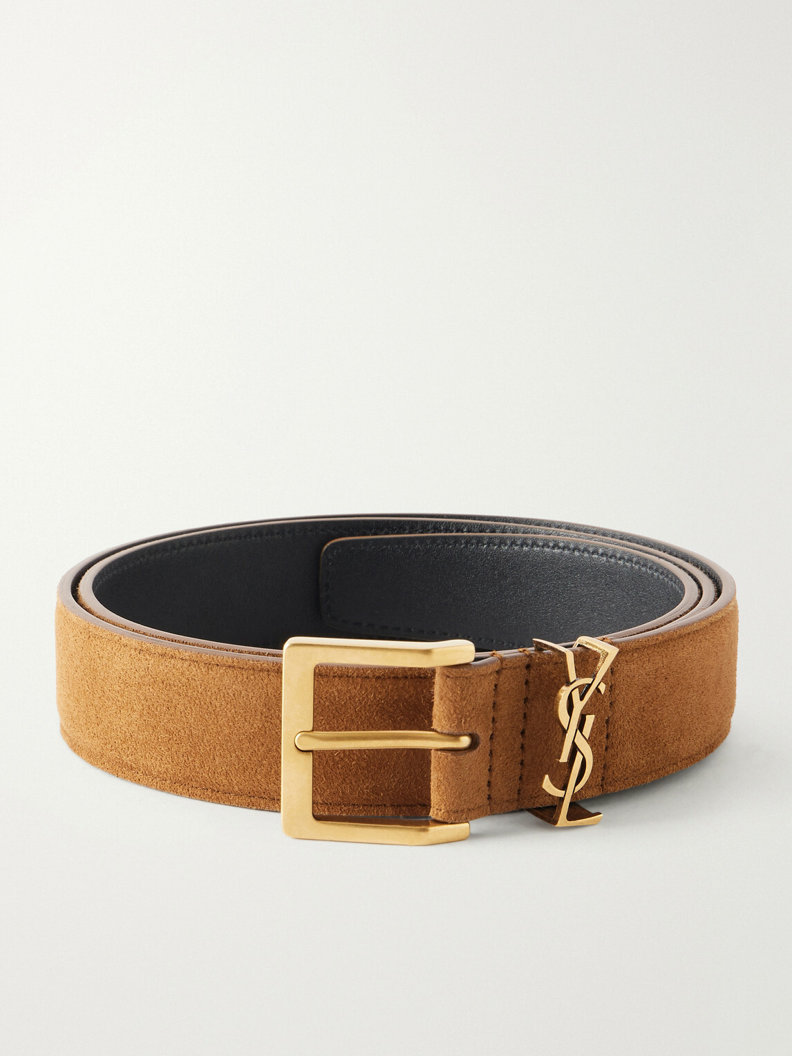 SAINT LAURENT - 3 cm Logo-Embellished Suede Belt - Brown