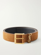 SAINT LAURENT - 3 cm Logo-Embellished Suede Belt - Brown