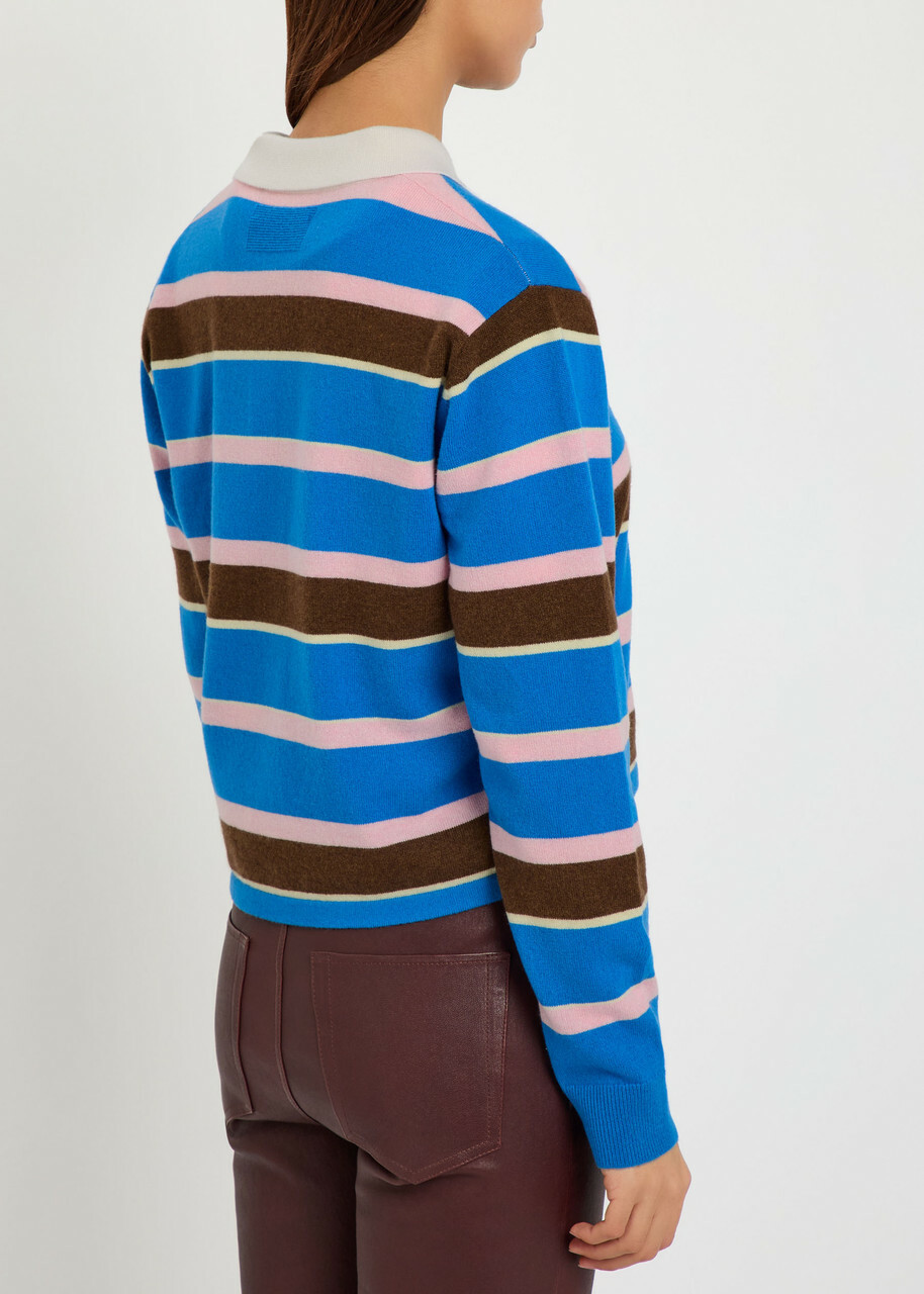 Guest In Residence Cropped Stripe Rugby Cashmere Polo Shirt Blue