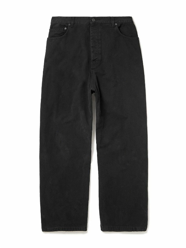 Photo: Balenciaga - Hybrid Wide-Leg Distressed Panelled Denim and Cotton-Fleece Trousers - Black