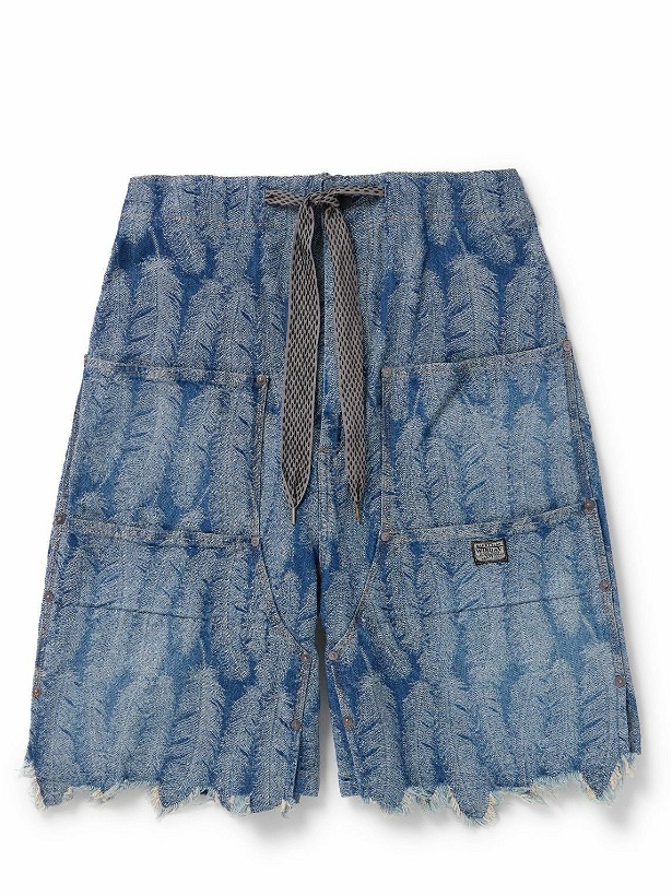 Photo: KAPITAL - Magpie Straight-Leg Frayed Denim-Jacquard Drawstring Shorts - Blue