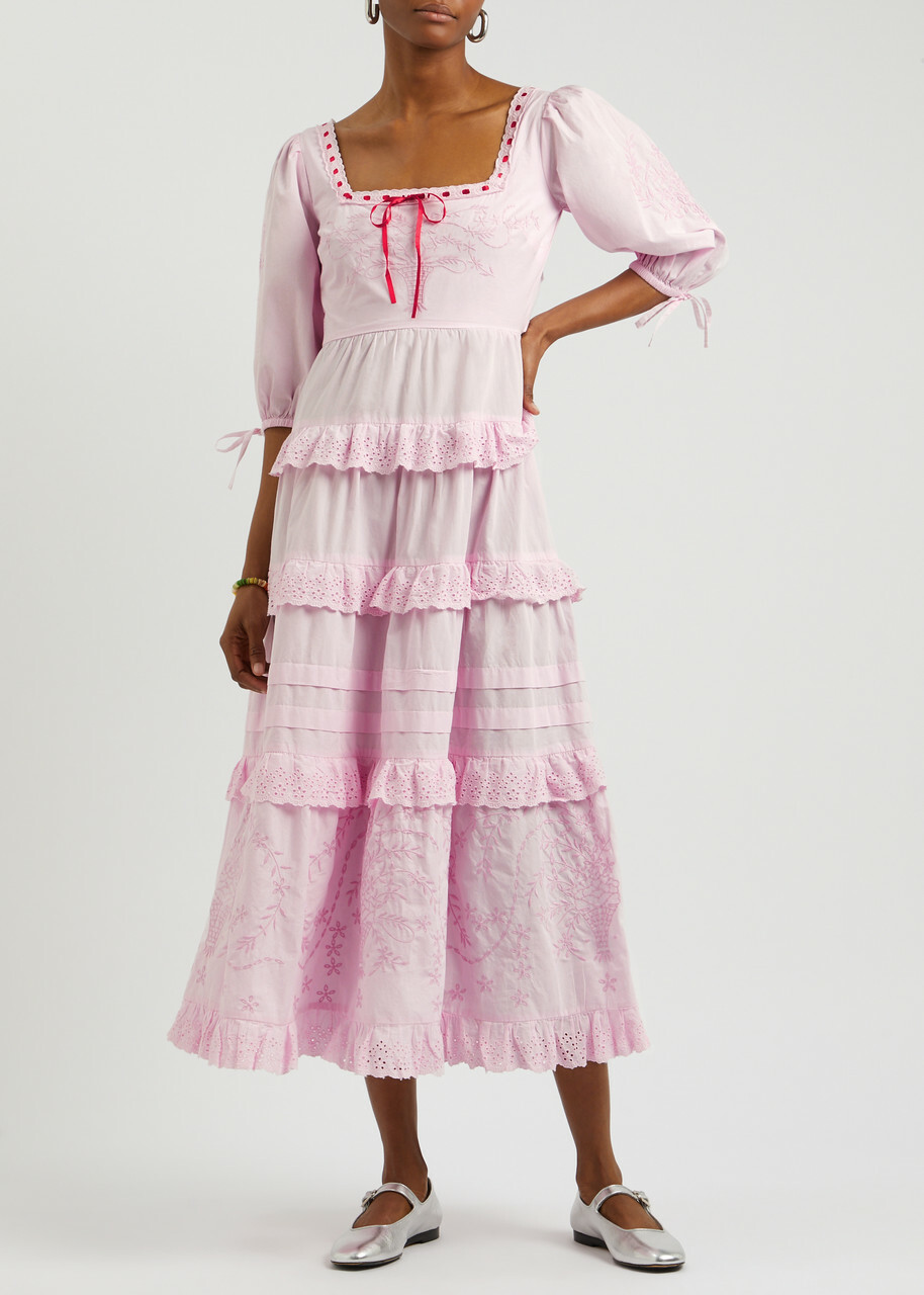 Damson Madder Rebecca Embroidered Cotton Midi Dress Pink Damson Madder