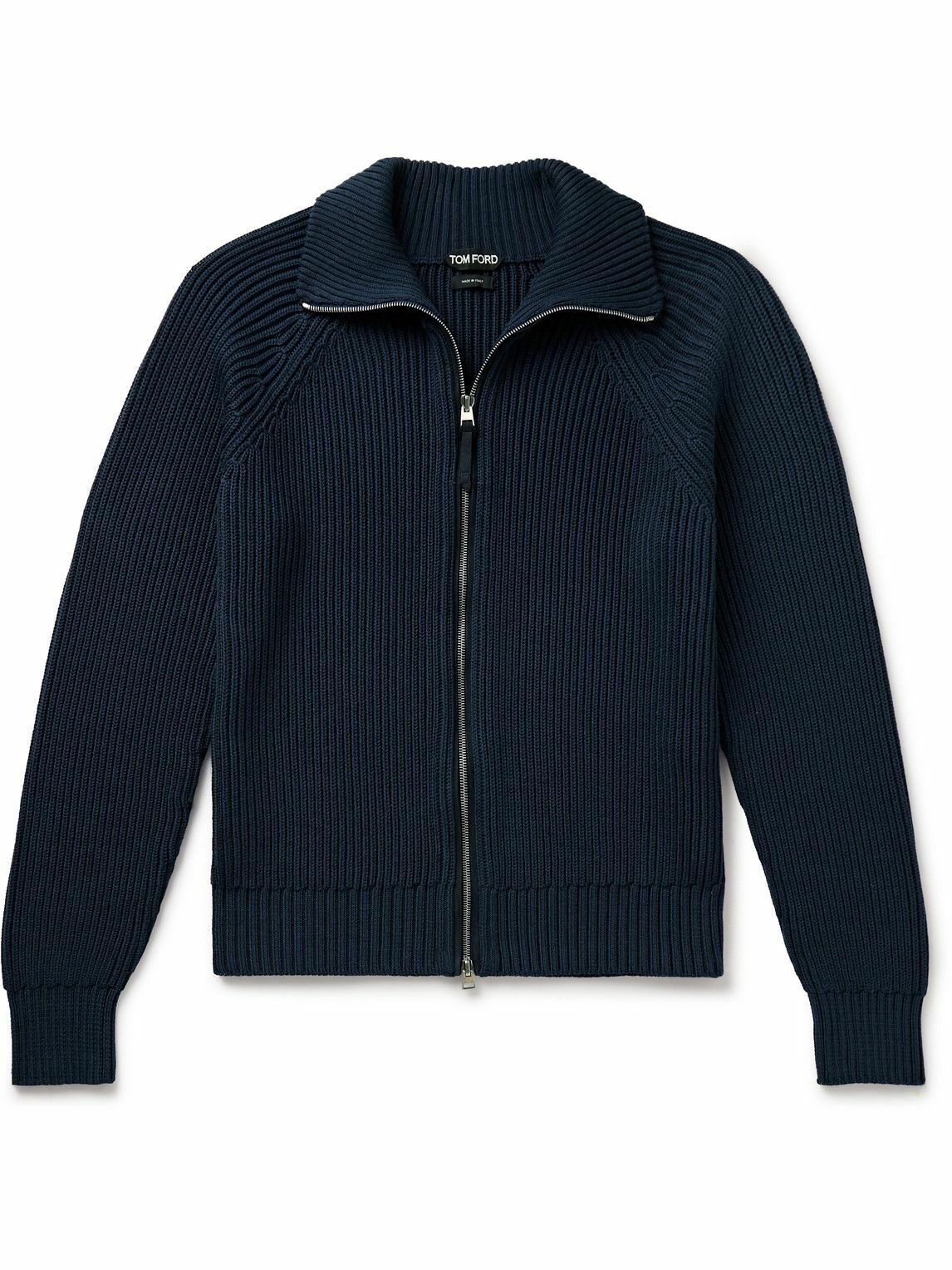 Photo: TOM FORD - Slim-Fit Ribbed Silk and Cotton-Blend Zip-Up Cardigan - Blue