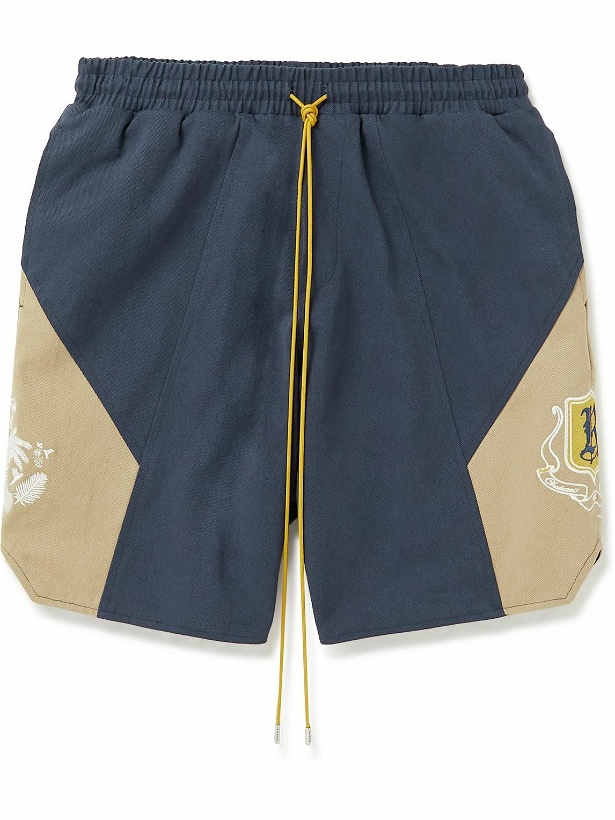 Photo: Rhude - Wine Club Straight-Leg Panelled Logo-Embroidered Cotton-Twill Shorts - Blue