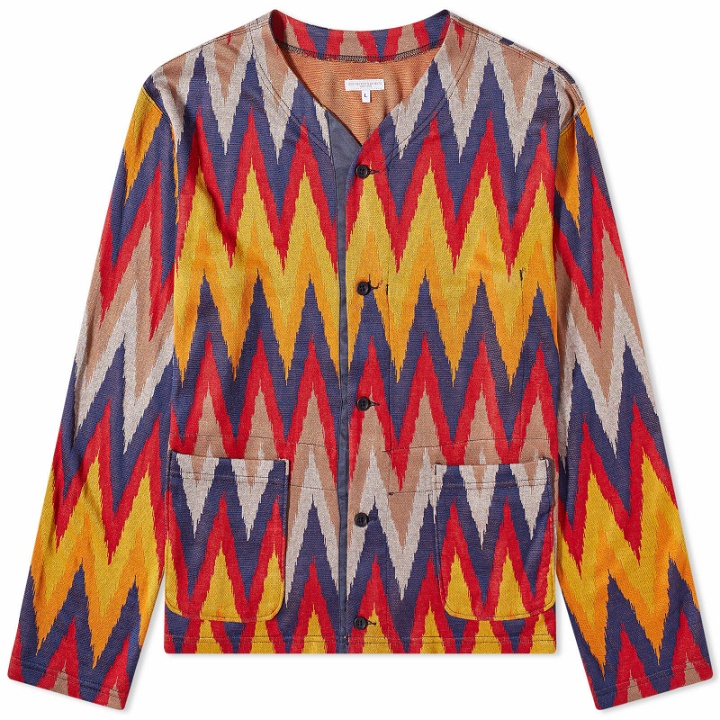 Photo: Engineered Garments Men's Knit Cardigan in Red/Navy Ikat