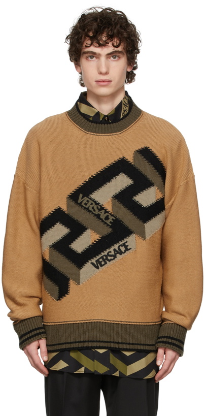 Photo: Versace Khaki Wool 'La Greca Intarsia' Sweater