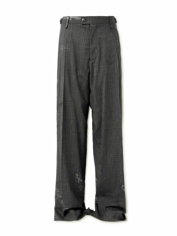 Photo: Balenciaga - Skater Wide-Leg Printed Distressed Prince of Wales Checked Wool Trousers - Gray