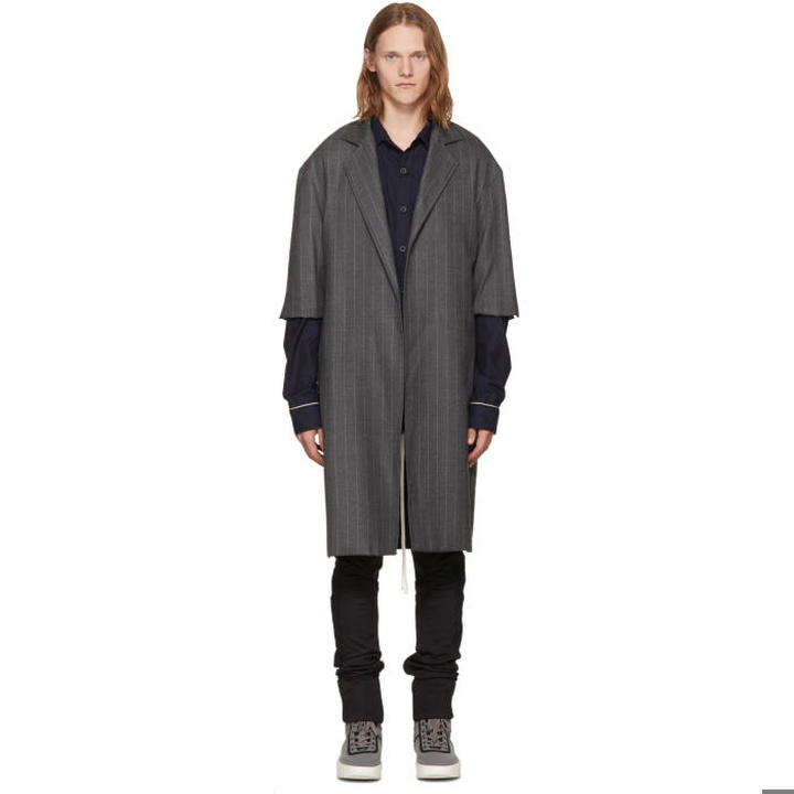 Photo: Fear of God Grey Wool Pinstripe Overcoat