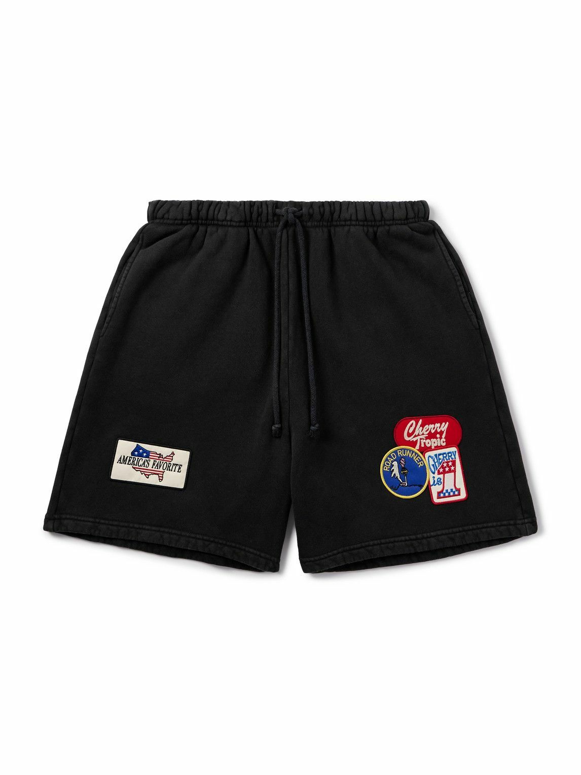 Cherry Los Angeles - Straight-Leg Appliquéd Cotton-Jersey Drawstring Shorts - Black