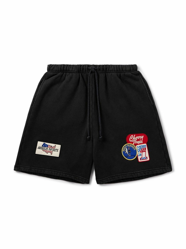 Photo: Cherry Los Angeles - Straight-Leg Appliquéd Cotton-Jersey Drawstring Shorts - Black