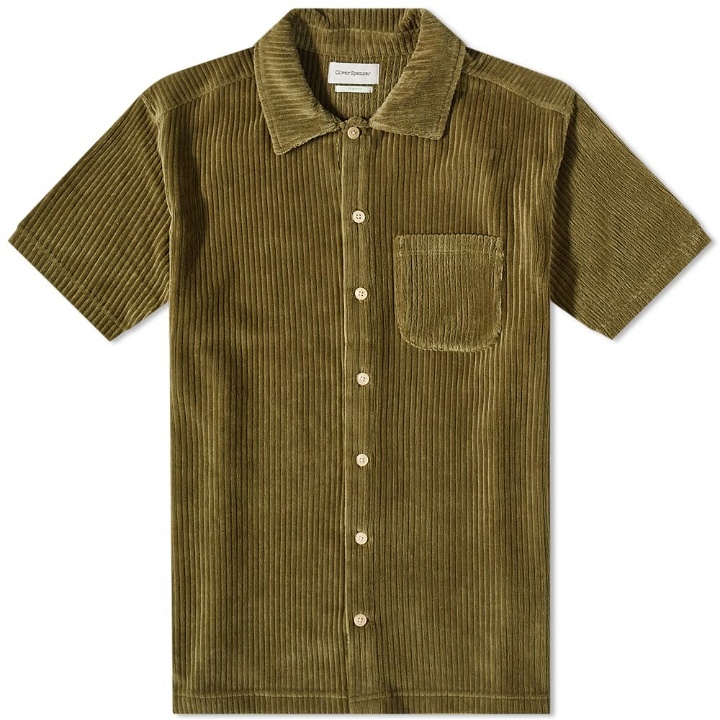 Photo: Oliver Spencer Men's Riviera Short Sleeve Jersey Shirt in Sage Green