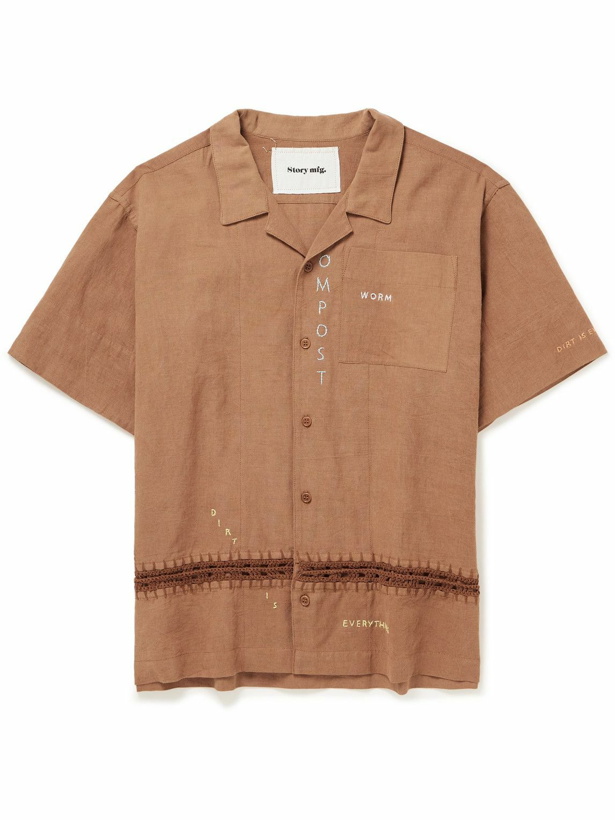 Photo: Story Mfg. - Camp-Collar Crochet-Trimmed Embroidered Cotton and Linen-Blend Shirt - Brown