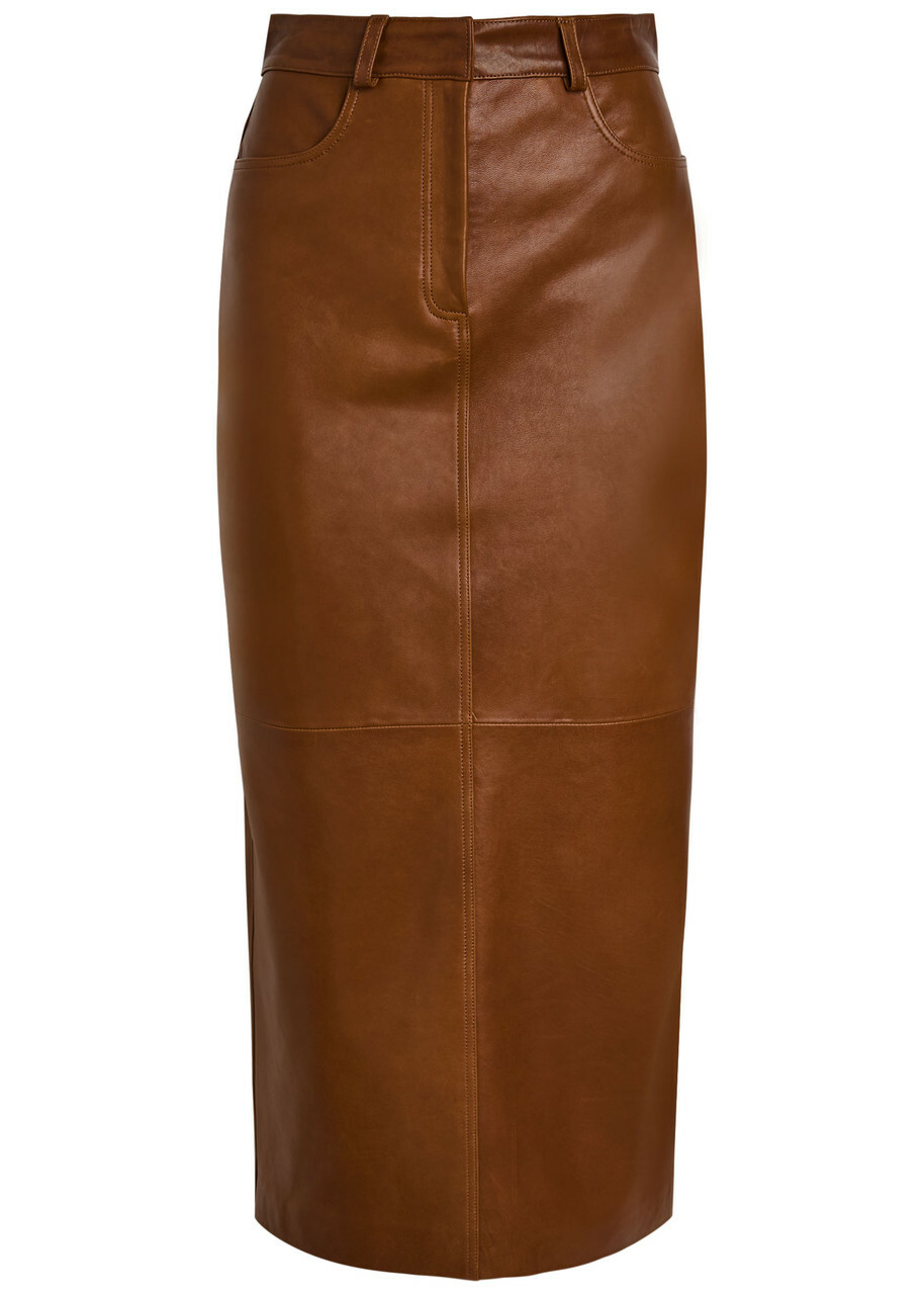 Nour Hammour Ghalia Panelled Leather Midi Skirt Brown