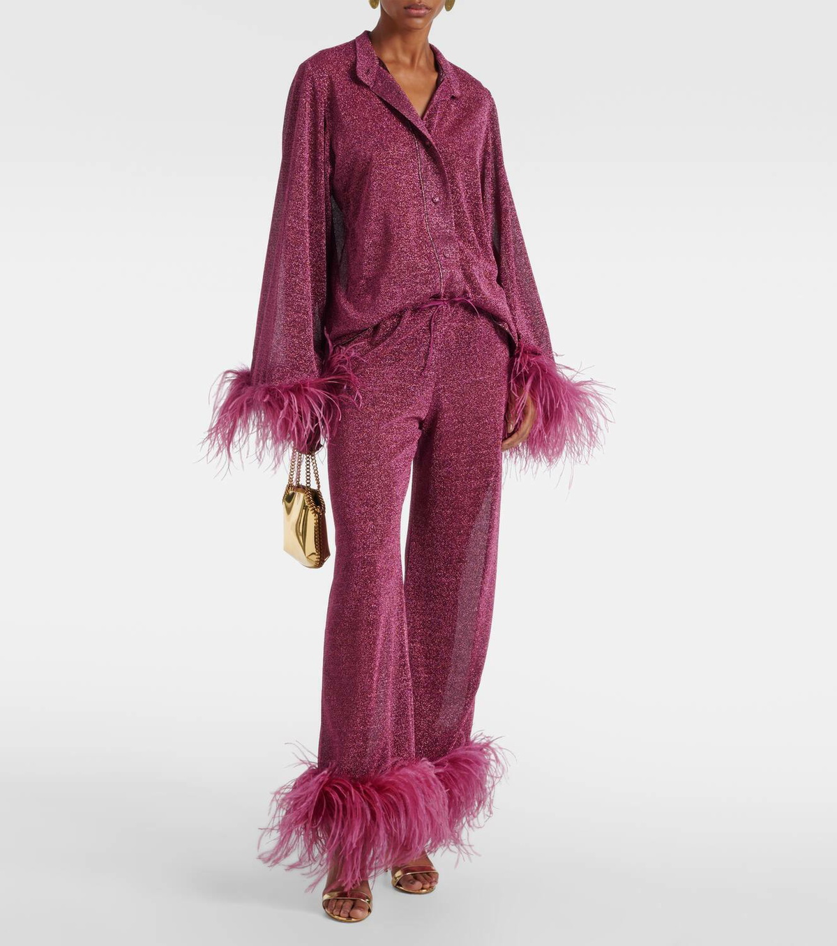 【Oseree】 Lumiere Plumageフェザー-trimmedラメパンツ Lumière Plumage feather-trimmed lamé pants in purple