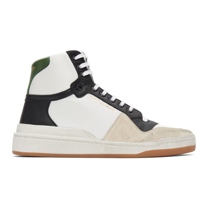 Photo: Saint Laurent White and Green Paneled High-Top Sneakers