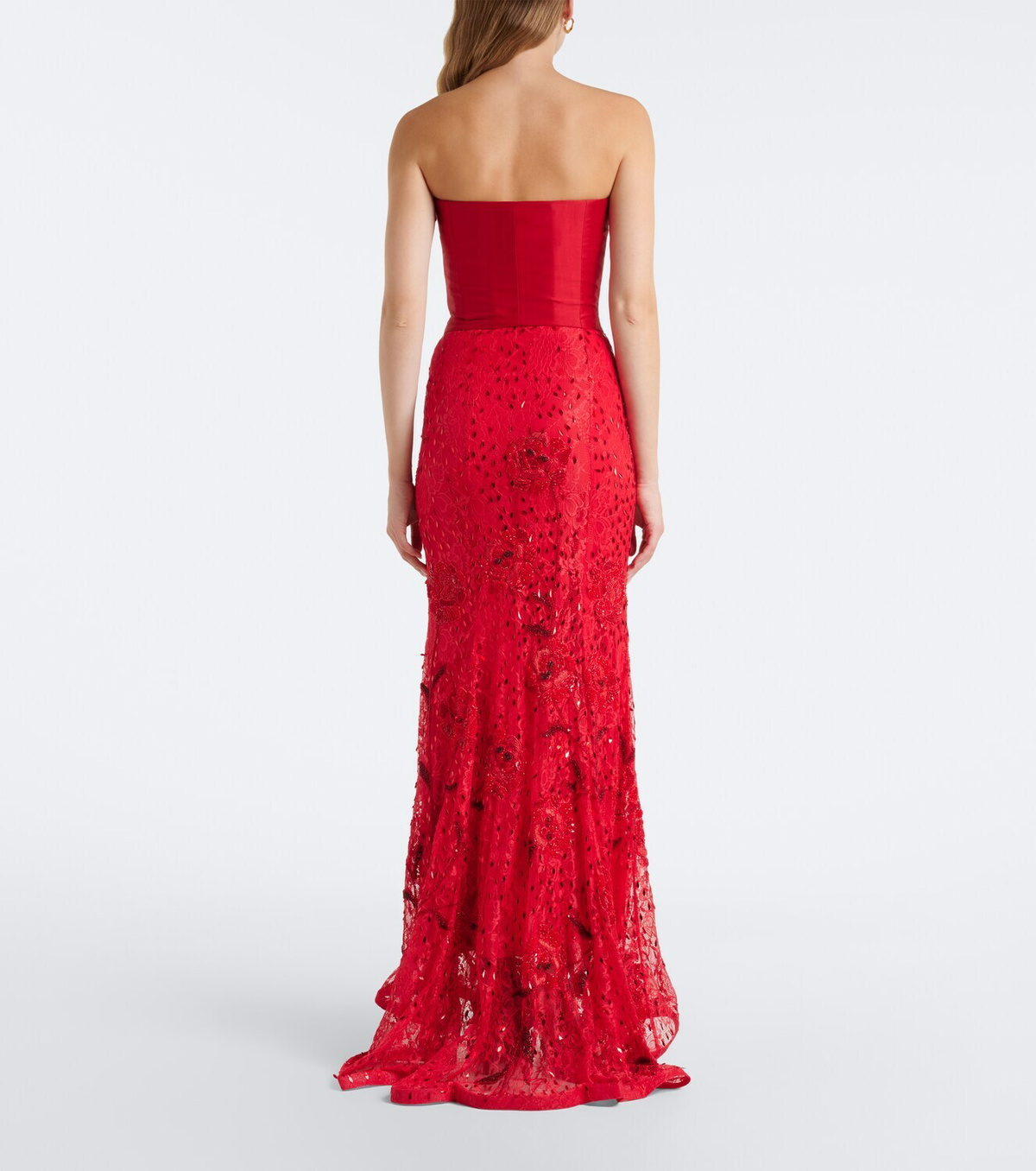 Là Fuori Embellished lace bustier gown