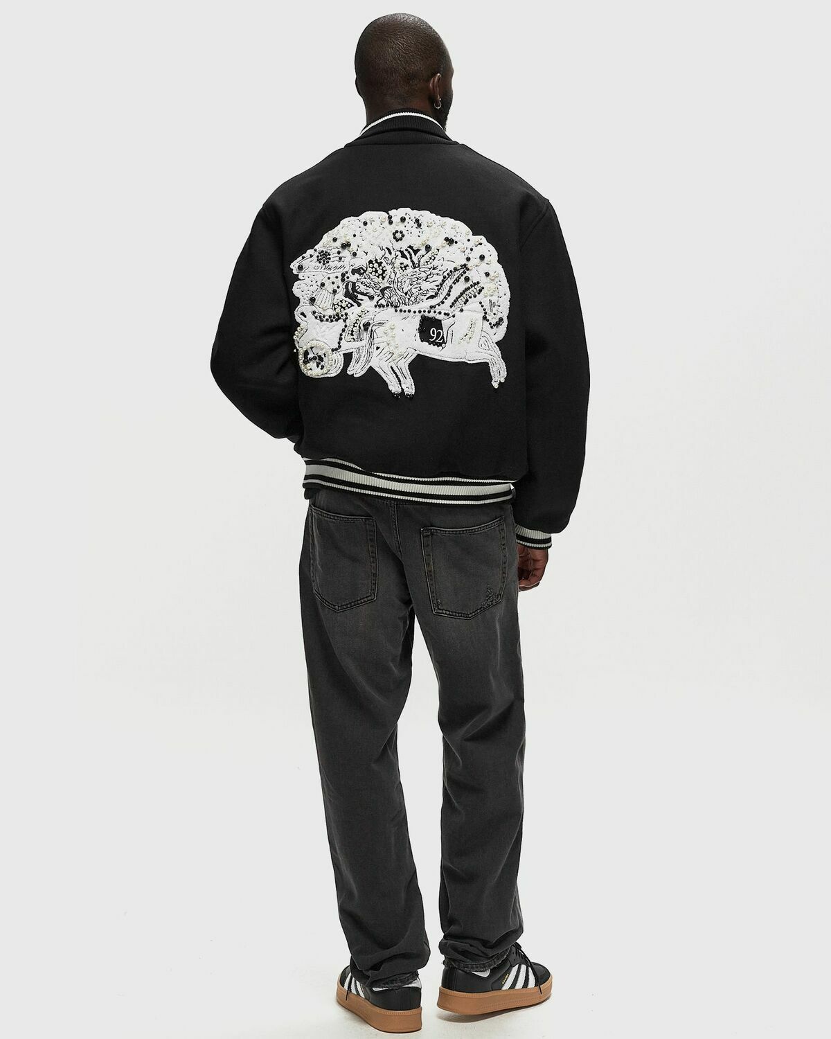 Rough. Cropped Varsity Pearl Jacket Black College Jackets