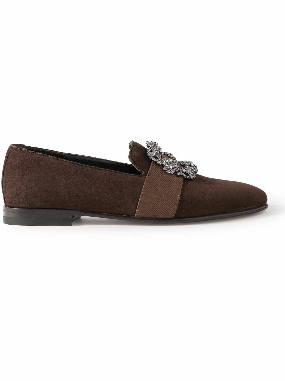 Manolo Blahnik Brown Loafers with Crystal Embellishments Manolo Blahnik - Carlton Embellished Grosgrain-Trimmed Suede  main image 4