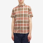 Beams Plus Men's Button Down Short Sleeve Madras Shirt in Brown