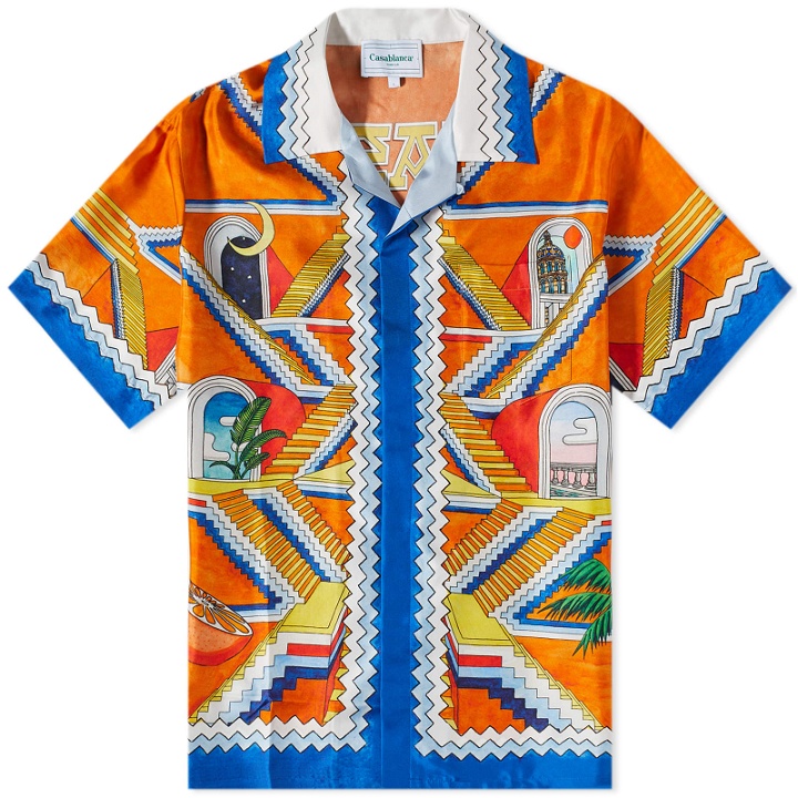 Photo: Casablanca Men's Escalier Infini Short Sleeve Silk Shirt in Orange/Blue