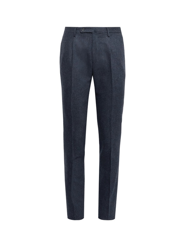 Photo: INCOTEX - Slim-Fit Pleated Stretch-Wool Tweed Trousers - Blue