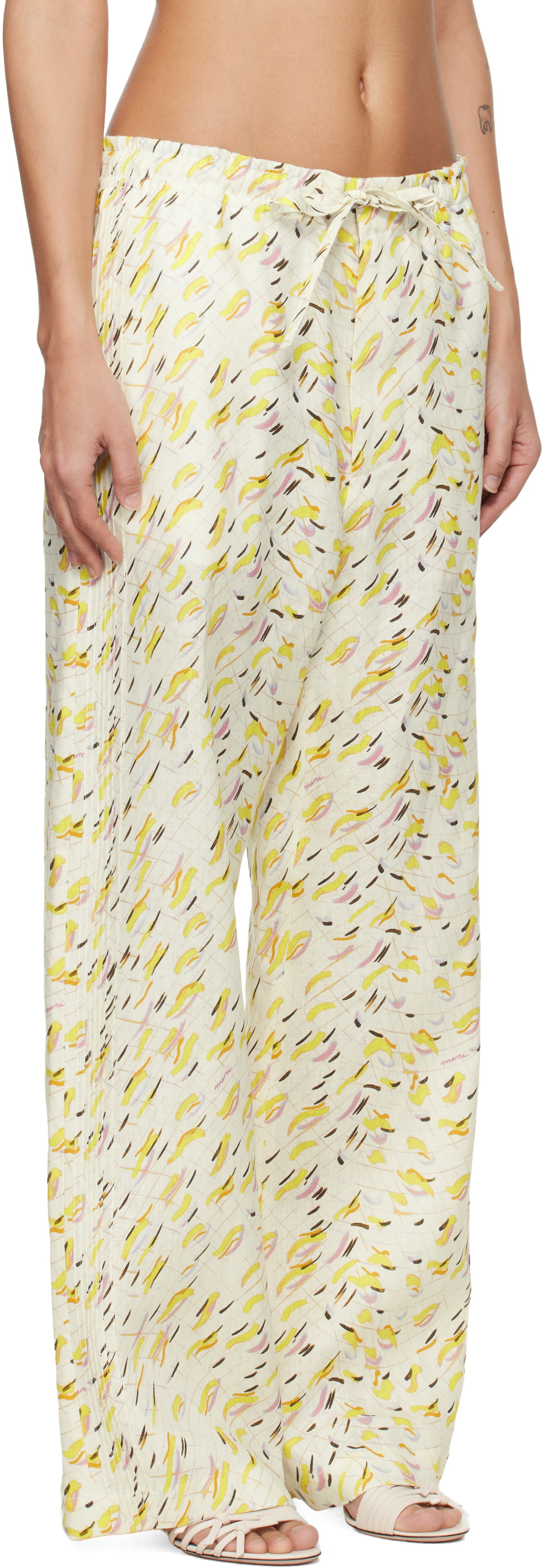 Marni Yellow Linen 'Brushstroke Wave' Print Trousers