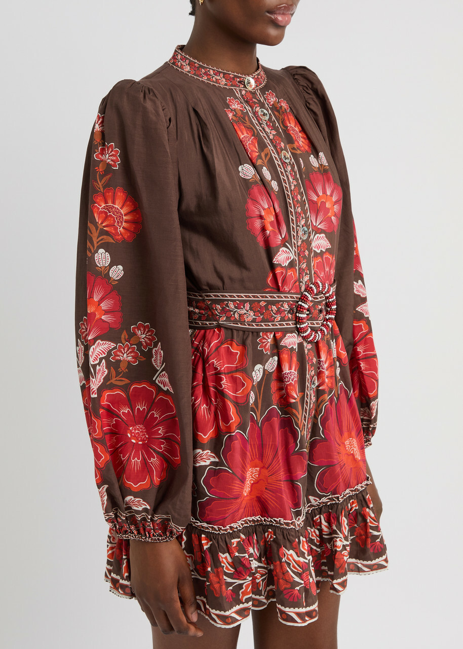 Farm Rio Gigi Floral-print Cotton-blend Mini Dress Brown