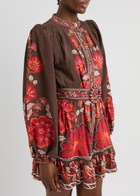 Farm Rio Gigi Floral-print Cotton-blend Mini Dress Brown