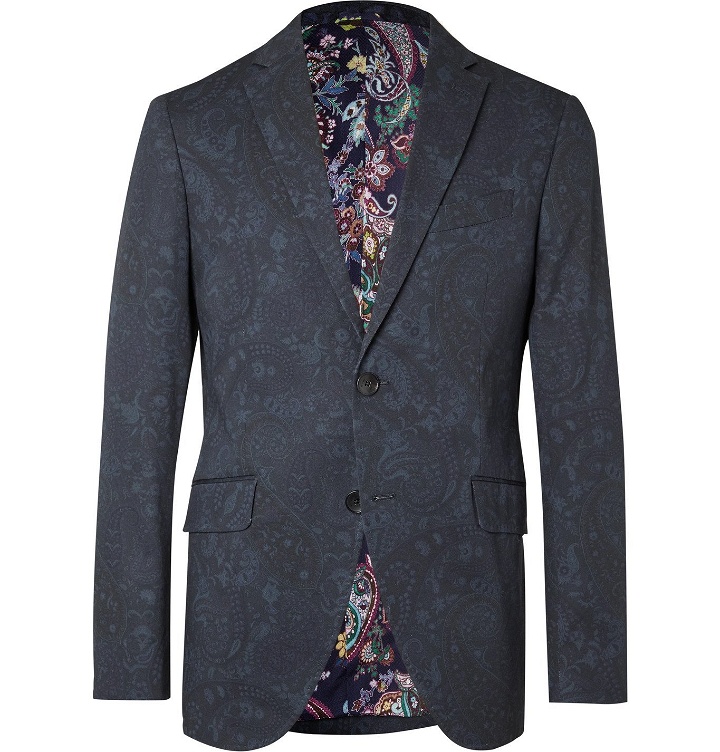 Photo: Etro - Slim-Fit Paisley-Print Stretch-Cotton Twill Suit Jacket - Blue