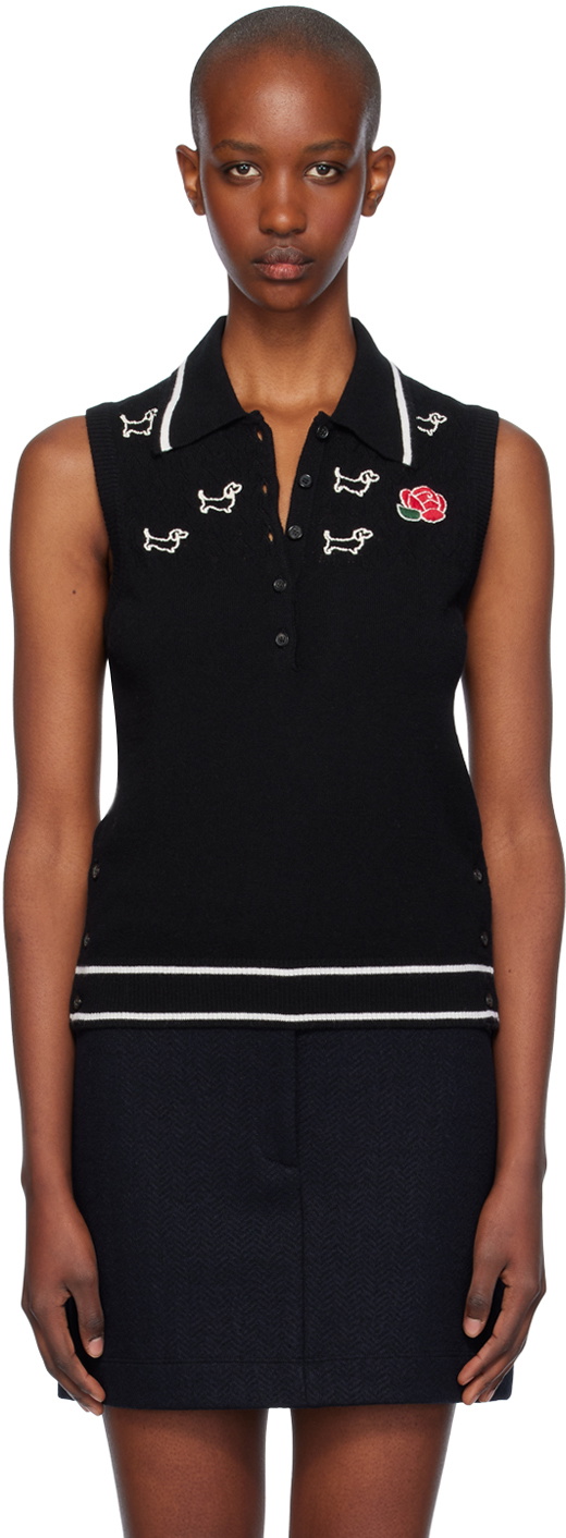 Thom Browne Black Pointelle Jersey Hector & Rose Sleeveless Polo
