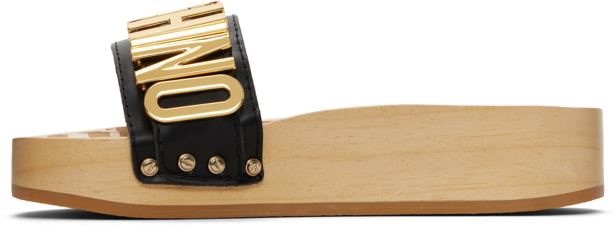 Moschino Beige & Black Calfskin Wood Sandals